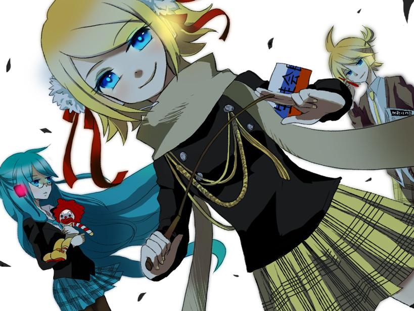 blonde_hair, blue_eyes, glasses, hair_ribbon, hatsune_miku, headset, kagamine_len, kagamine_rin, long_hair, loveloid, mcdonald's, necktie, pantyhose, psycho-puzzle, ribbon, ronald_mcdonald, scarf, short_hair, skirt, smile, thigh-highs, thighhighs, utau, vocaloid, whip