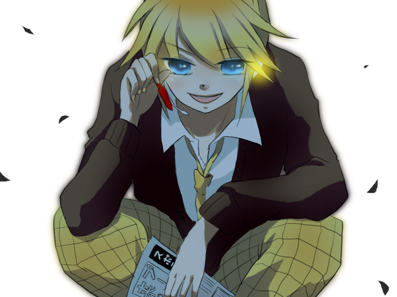 blonde_hair, blue_eyes, crouching, formal, kagamine_len, loveloid, male, necktie, psycho-puzzle, short_hair, smile, solo, squatting, vocaloid