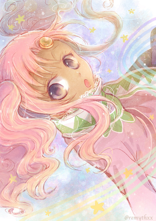 1girl, :o, forehead_jewel, long_hair, meredy, nari_hibiki, pink_hair, pink_shirt