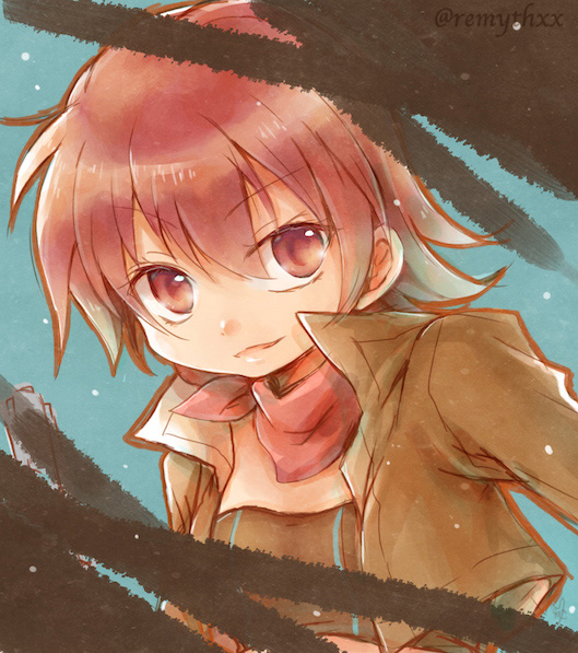 1girl, blue_background, iria_animi, jacket, looking_at_viewer, nari_hibiki, red_eyes, redhead