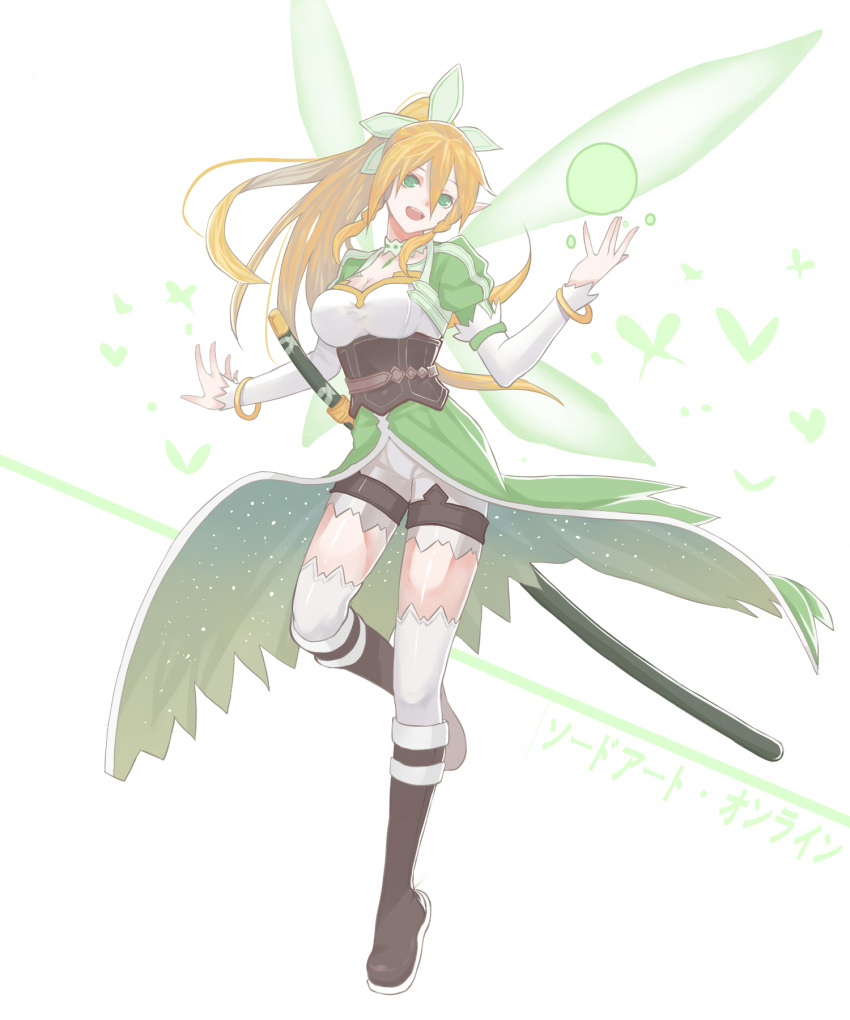 1girl, blonde_hair, braid, breasts, cleavage, elf, green_eyes, highres