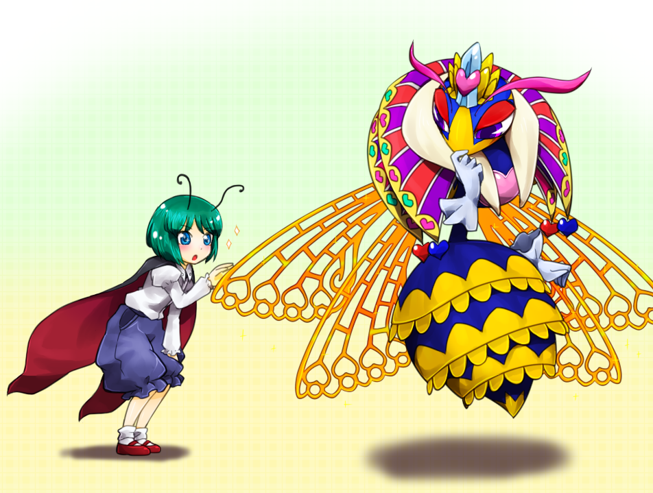 2girls, antennae, bee, bent_over, blue_eyes, blush, cape, crossover, crown, disembodied_limb, full_body, gloves, gradient, gradient_background, green_hair, insect_wings, kirby_(series), long_sleeves, mary_janes, multicolored_background, multiple_girls, nintendo, open_mouth, orusuta, pants, puffy_sleeves, queen_sectonia, shirt, shoes, short_hair, socks, sparkle, touhou, violet_eyes, white_gloves, white_legwear, wings, wriggle_nightbug