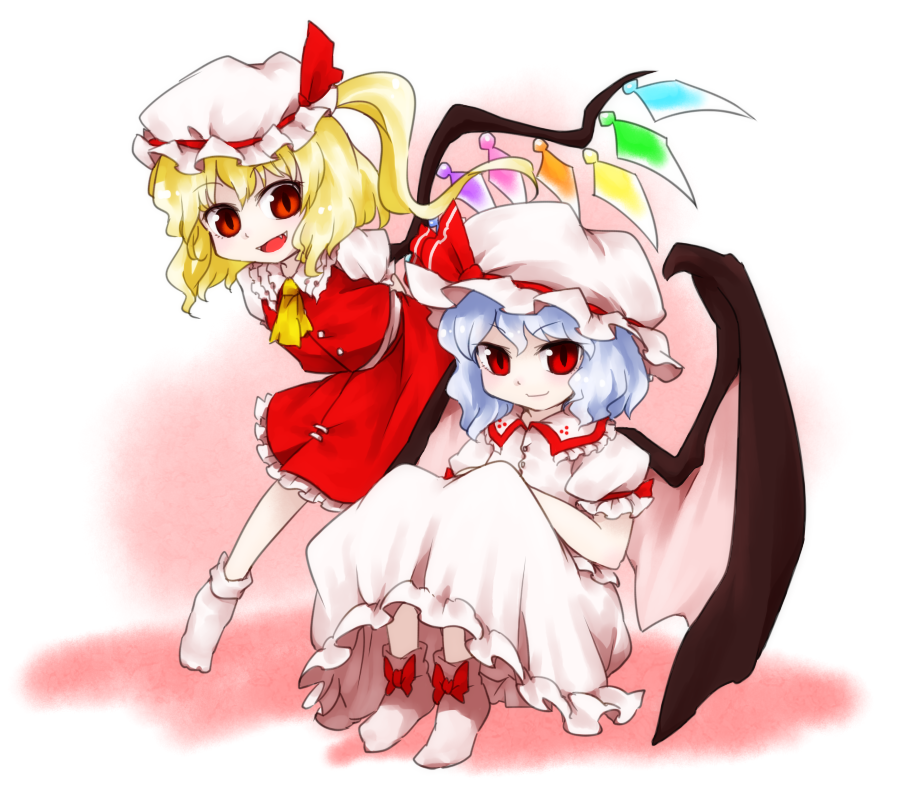 2girls, ascot, bat_wings, bent_over, blonde_hair, blue_hair, crystal, dress