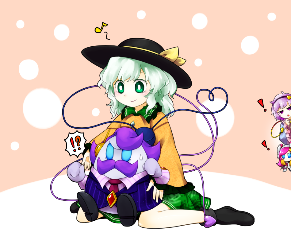 !, !?, 1boy, 3girls, blush, crossover, disembodied_limb, eyeball, full_body, green_eyes, green_hair, hat, hat_ribbon, heart, heart_of_string, kirby_(series), komeiji_koishi, komeiji_satori, long_sleeves, looking_at_another, max_profitt_haltmann, multiple_girls, musical_note, necktie, nintendo, orusuta, pink_hair, purple_hair, ribbon, shirt, short_hair, siblings, sisters, sitting, skirt, smile, string, susie_(kirby), sweatdrop, third_eye, touhou, vest, wide_sleeves