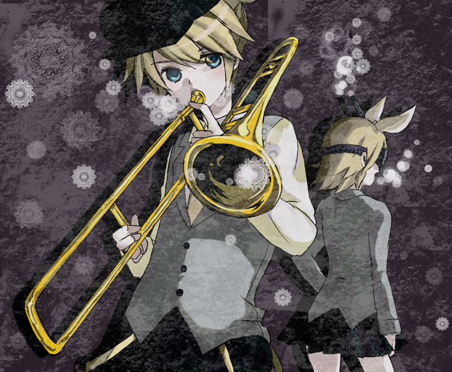 blue_eyes, error, formal, hair_ribbon, hat, instrument, kagamine_len, kagamine_rin