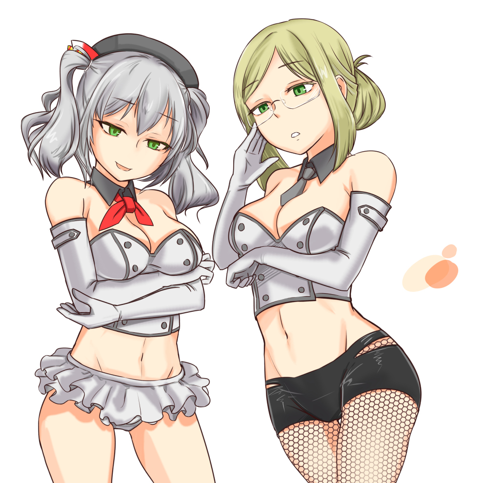 2girls, adapted_costume, adjusting_glasses, bare_shoulders, beret, breast_hold, breasts, bustier, cleavage, cowboy_shot, crossed_arms, elbow_gloves, fishnet_pantyhose, fishnets, folded_ponytail, frilled_skirt, frills, glasses, gloves, green_eyes, hat, kantai_collection, kashima_(kantai_collection), katori_(kantai_collection), legwear_under_shorts, medium_breasts, microskirt, midriff, military, military_uniform, mrider, multiple_girls, navel, neckerchief, necktie, open_mouth, pantyhose, short_shorts, shorts, sidelocks, silver_hair, skirt, twintails, uniform, wavy_hair, white_gloves