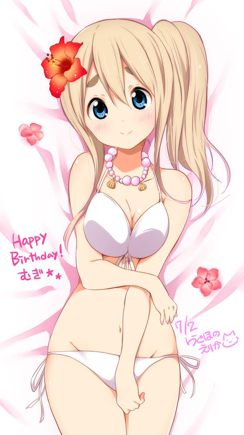 1girl, bed_sheet, bikini, blonde_hair, blue_eyes, blush, breast_squeeze, breasts