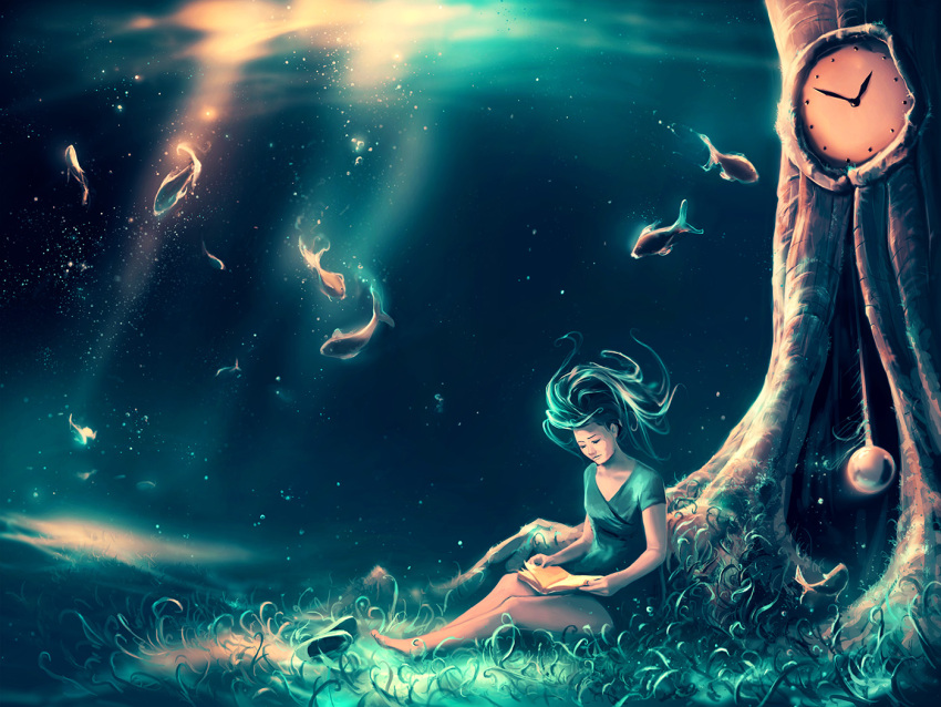 1girl, air_bubble, animal, bare_legs, barefoot, book, closed_mouth, collarbone