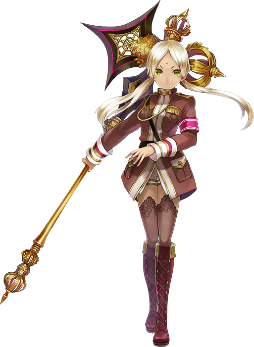 1girl, axe, blonde_hair, boots, crown, dark_skin, facial_mark, forehead_mark