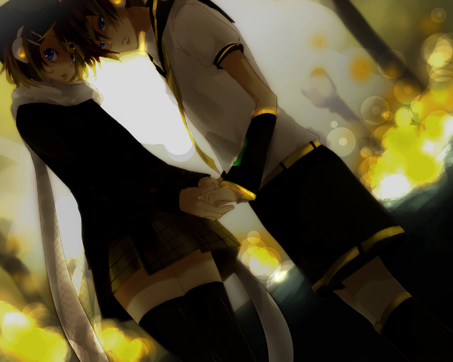 blue_eyes, hair_ornament, hairclip, hand_holding, headphones, holding_hands, kagamine_len, kagamine_rin