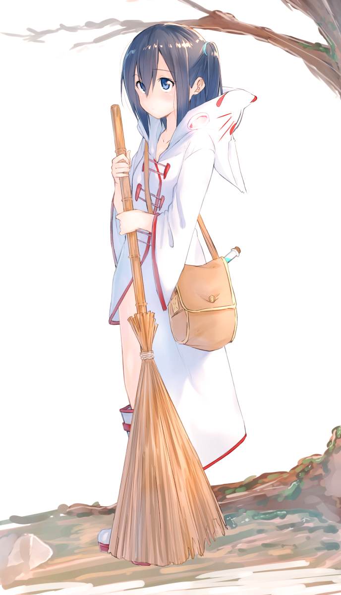 1girl, animal_hood, bag, bangs, black_hair, blue_eyes, blush, boots