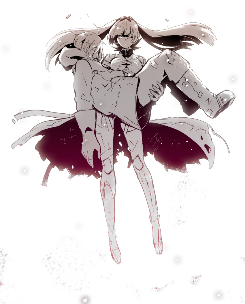1boy, 1girl, ahoge, bodysuit, boots, carrying, commentary_request, full_body