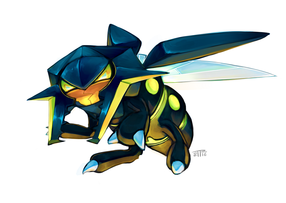 artist_name, horns, insect_wings, j3rry1ce, no_humans, pokemon, pokemon_(creature), pokemon_(game), pokemon_sm, simple_background, solo, vikavolt, white_background, wings, yellow_eyes