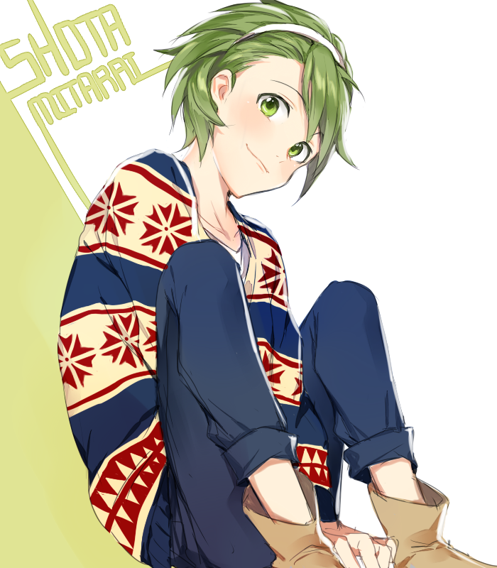 1boy, ankle_boots, blush, boots, character_name, green_eyes, green_hair, hairband, idolmaster, idolmaster_side-m, looking_at_viewer, male_focus, mitarai_shouta, mizz_(mizzmizz), sitting, solo, sweater