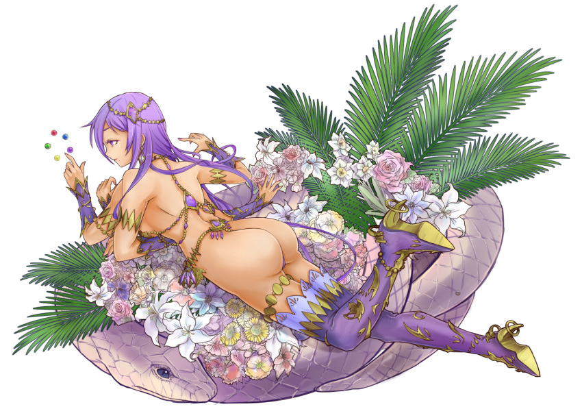 1girl, armlet, ass, back, boots, earrings, fern, flower, high_heels, jewelry, kali_(p&amp;d), leg_up, lily_(flower), long_hair, lying, mole, mole_under_mouth, mrider, multiple_arms, nail_polish, on_stomach, purple_hair, puzzle_&amp;_dragons, rose, simple_background, snake, solo, thigh-highs, thigh_boots, thigh_strap, thong, very_long_hair, violet_eyes, white_background