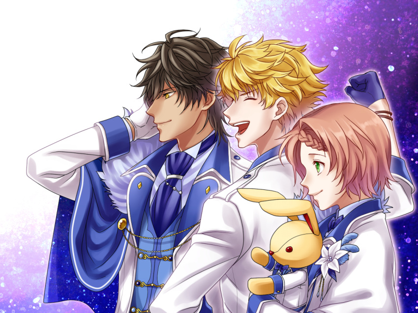 3boys, aidou_seiya, black_hair, blonde_hair, blush, braid, brown_hair, closed_eyes, dark_skin, esaka, gloves, green_eyes, i-chu, male_focus, minato_kanata, mitsurugi_akira, multiple_boys, open_mouth, short_hair, single_braid, smile, stuffed_animal, stuffed_bunny, stuffed_toy, yellow_eyes