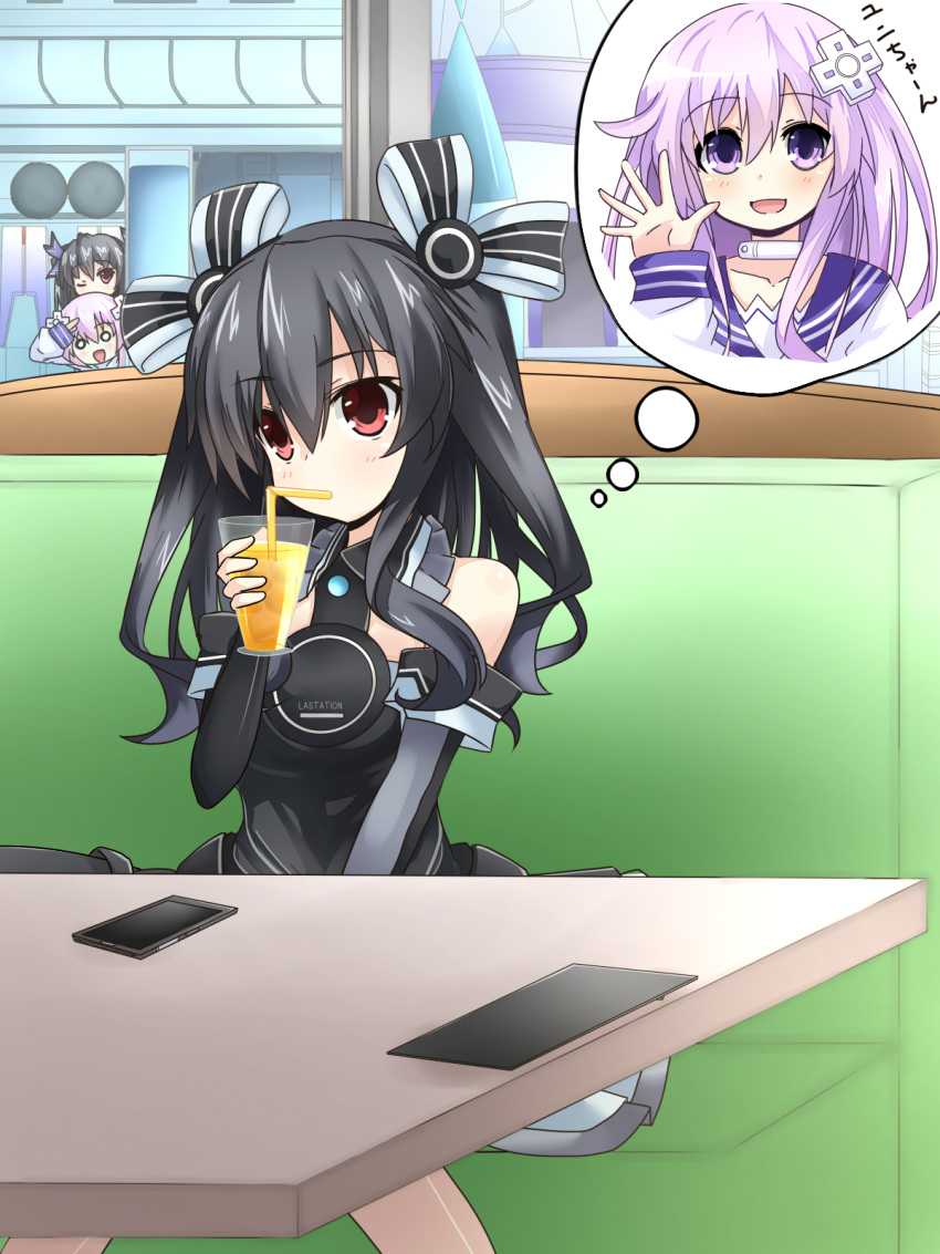 bare_shoulders, black_hair, blush, breasts, d-pad, drink, drinking_straw, gloves