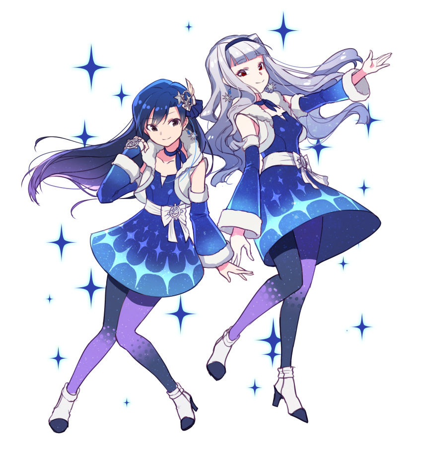 2girls, 72producer, absurdres, blue_hair, brown_eyes, detached_sleeves, hair_ornament, hairband