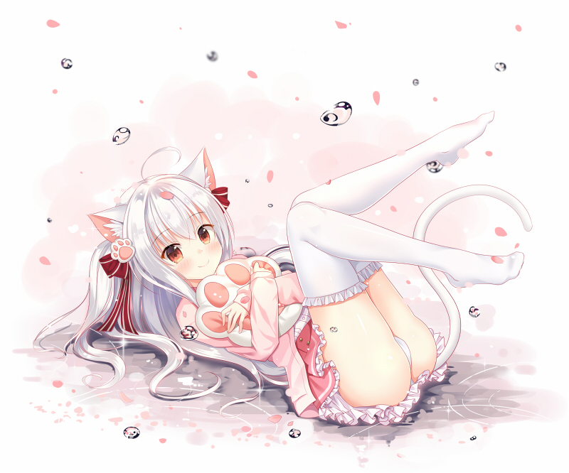 1girl, ahoge, animal_ears, ass, cardigan, cat_ears, cat_tail, frilled_skirt