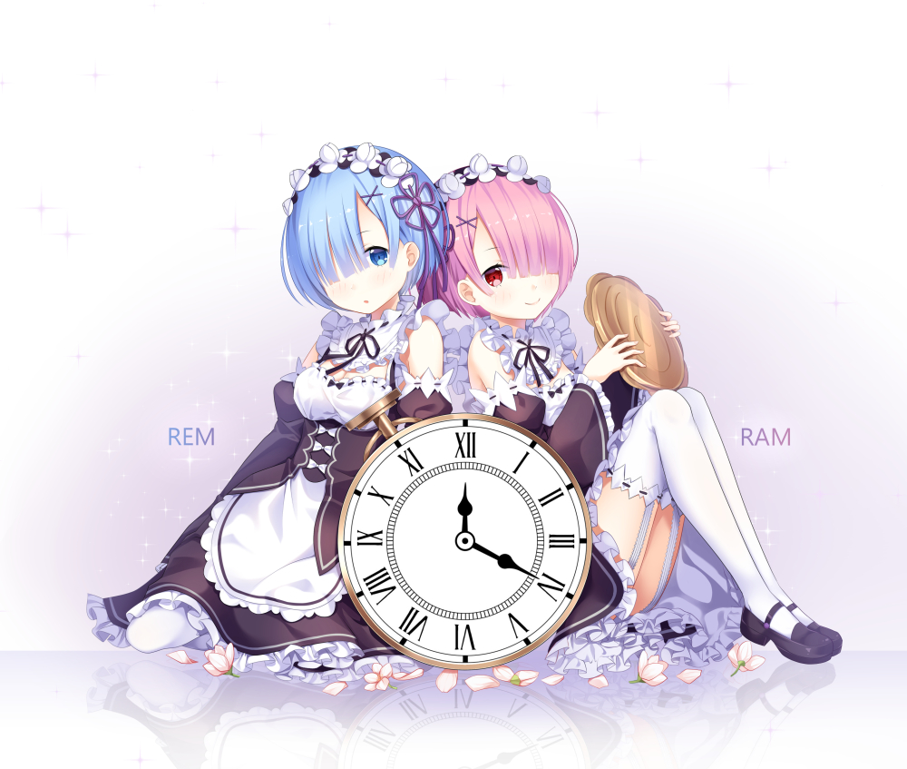 2girls, :o, analog_clock, apron, blue_eyes, blue_hair, bow, breasts