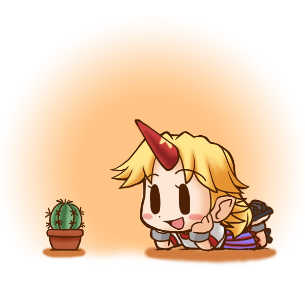 1girl, :d, blonde_hair, blush_stickers, cactus, chibi, commentary_request, cuffs