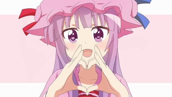 1girl, animated, animated_gif, bangs, blue_ribbon, blunt_bangs, capelet, crescent_moon, double_bun, dress, hat, hat_ornament, heart, heart_hands, looking_at_viewer, mob_cap, moon, open_mouth, patchouli_knowledge, purple_clothes, purple_hair, ram_hachimin, red_ribbon, ribbon, sansha_san'you, solo, striped, striped_dress, touhou, upper_body, violet_eyes