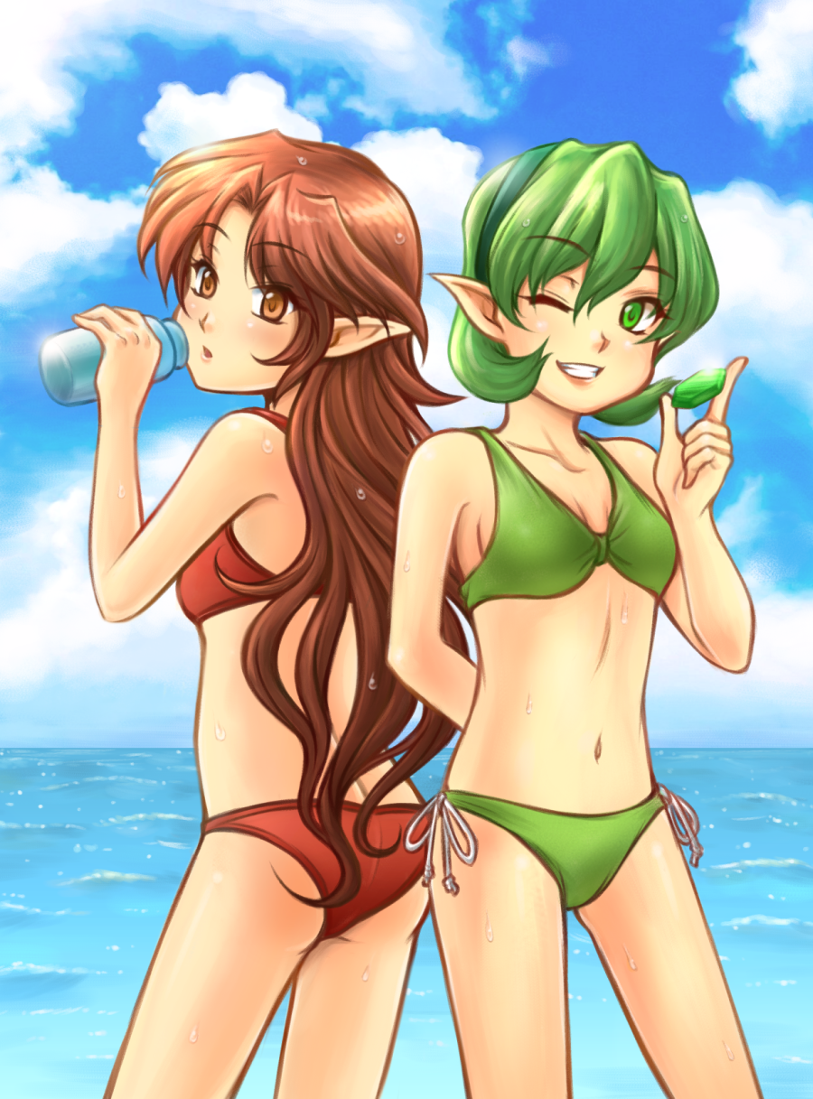 2girls, arms_behind_back, back-to-back, bare_shoulders, bikini, blue_sky, brown_eyes, brown_hair, clouds, collarbone, cowboy_shot, day, drink, green_eyes, green_hair, grin, hairband, highres, long_hair, malon, multiple_girls, navel, nintendo, nintendo_ead, ocean, one_eye_closed, pointy_ears, rupee, saria, short_hair, sky, smile, standing, swimsuit, tacoyaki, the_legend_of_zelda, the_legend_of_zelda:_ocarina_of_time