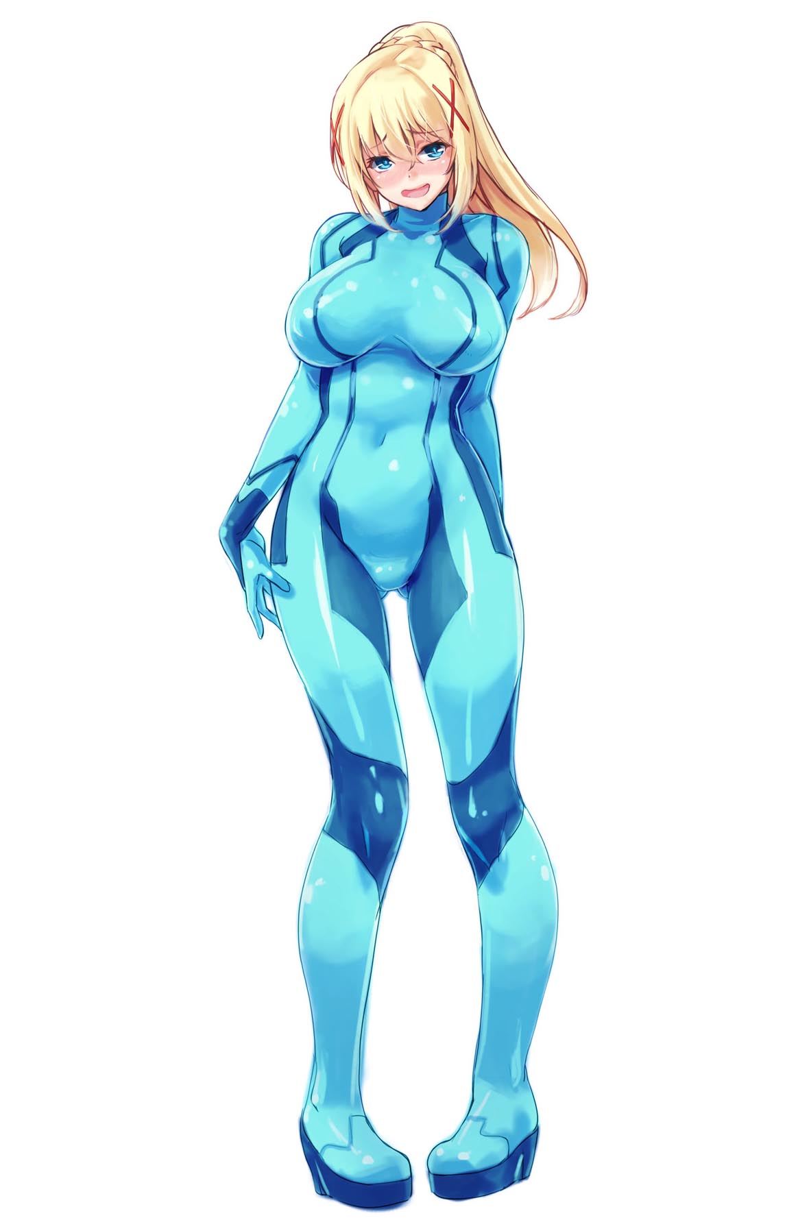 1girl, :d, ass_visible_through_thighs, blonde_hair, blue_eyes, blush, breasts, commentary_request