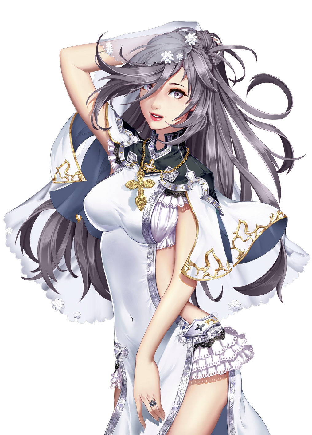 1girl, arm_behind_head, arm_up, armor, bangs, bare_arms, breasts, capelet