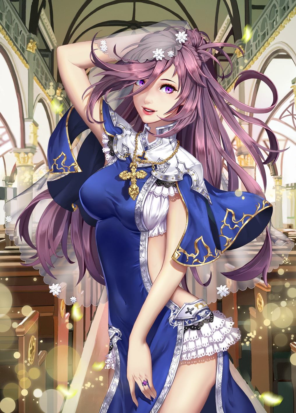 1girl, arch, arm_behind_head, arm_up, armor, bangs, bare_arms, blue_dress
