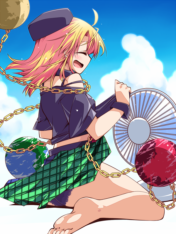 1girl, ahoge, barefoot, black_panties, black_shirt, blonde_hair, blush, chain