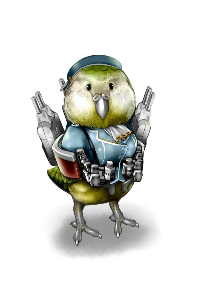 1girl, animal, animalization, atago_(kantai_collection), beret, bird, cannon, clothed_animal, feathers, hat, kakapo, kamizono_(spookyhouse), kantai_collection, machine, machinery, mecha, military, military_uniform, no_humans, solo, tail, turret, twitter_username, uniform, weapon