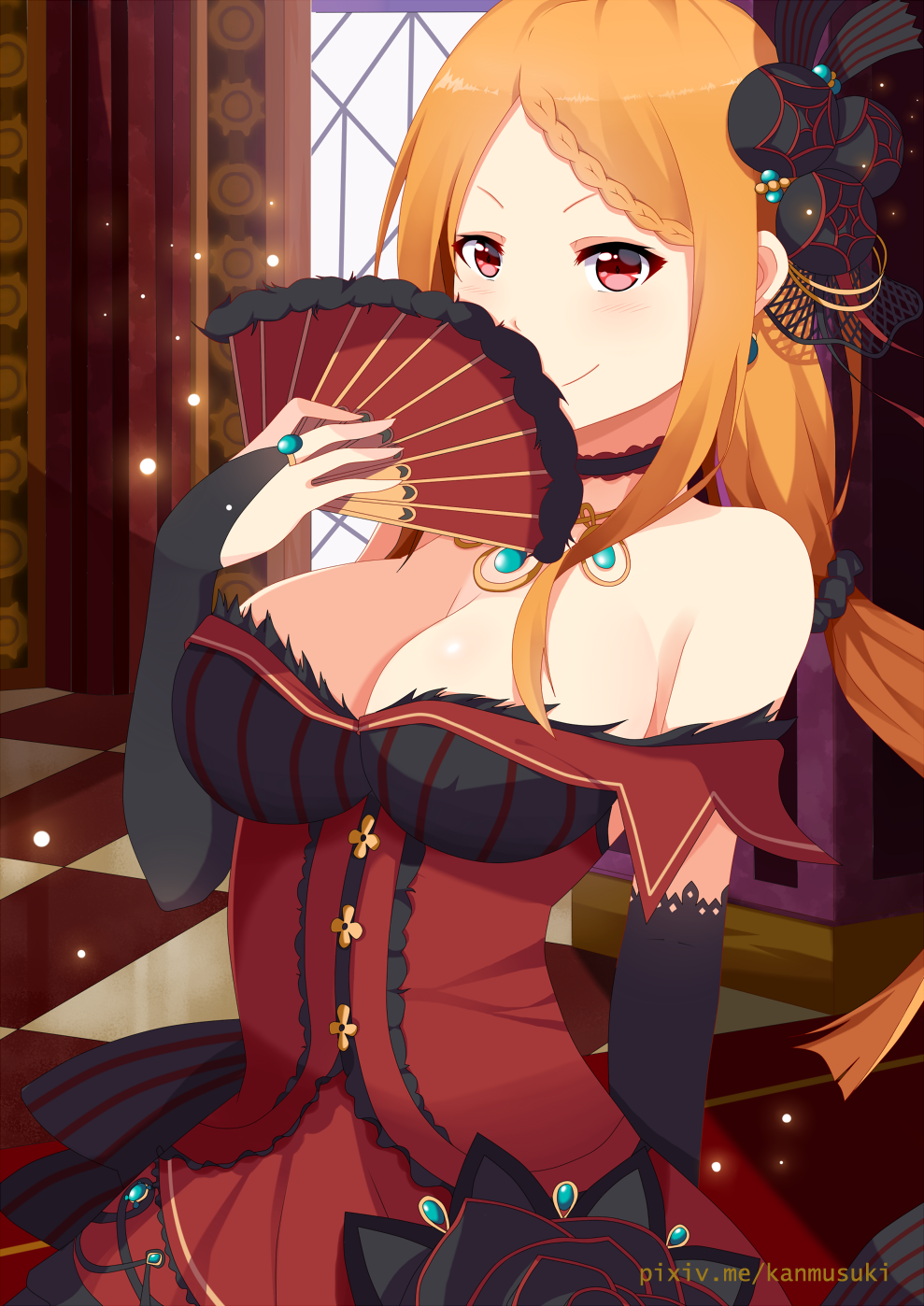 1girl, bare_shoulders, bima_rahmaa, braid, breasts, bridal_gauntlets, choker, cleavage