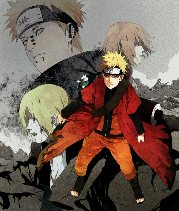 akatsuki, bad_id, blonde_hair, blood, blue_eyes, cape, forehead_protector, fukasaku