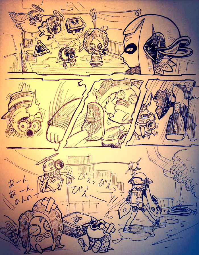 >_<, bandaid, bandaid_on_face, closed_eyes, commentary_request, domino_mask, inkling, kicking