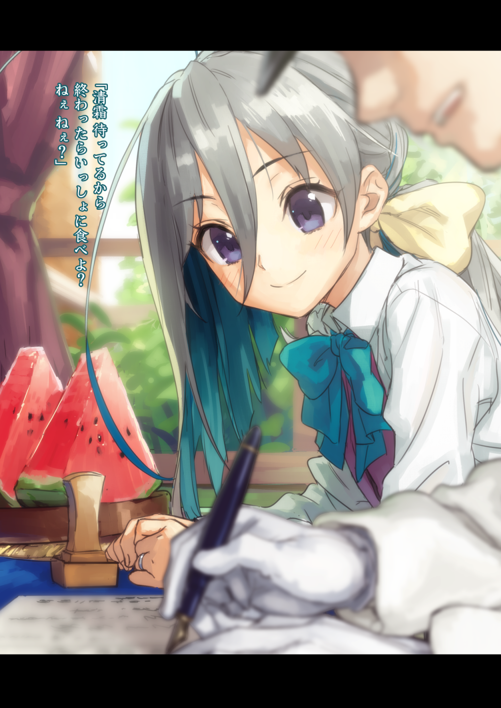 1boy, 1girl, admiral_(kantai_collection), blue_bow, blue_bowtie, blue_hair, blurry, blush