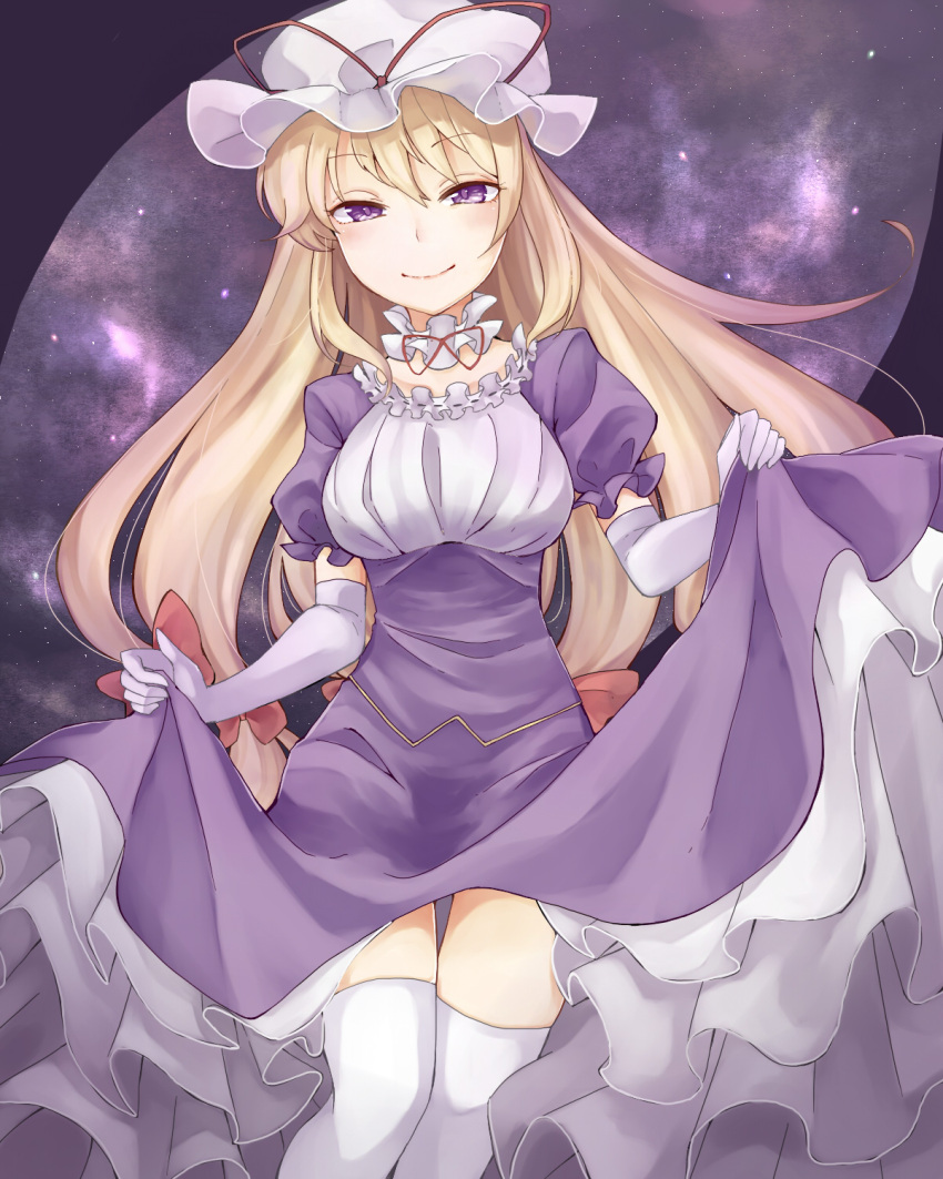 1girl, bangs, blonde_hair, blush, bow, breasts, detached_collar, dress, dress_lift, elbow_gloves, gap, gloves, hair_bow, hat, hat_ribbon, highres, long_hair, looking_at_viewer, mob_cap, puffy_short_sleeves, puffy_sleeves, purple, purple_background, purple_dress, ribbon, ribbon_trim, sakana-ko, short_sleeves, simple_background, smile, solo, space, thigh-highs, thighs, touhou, underbust, very_long_hair, white_gloves, white_legwear, yakumo_yukari