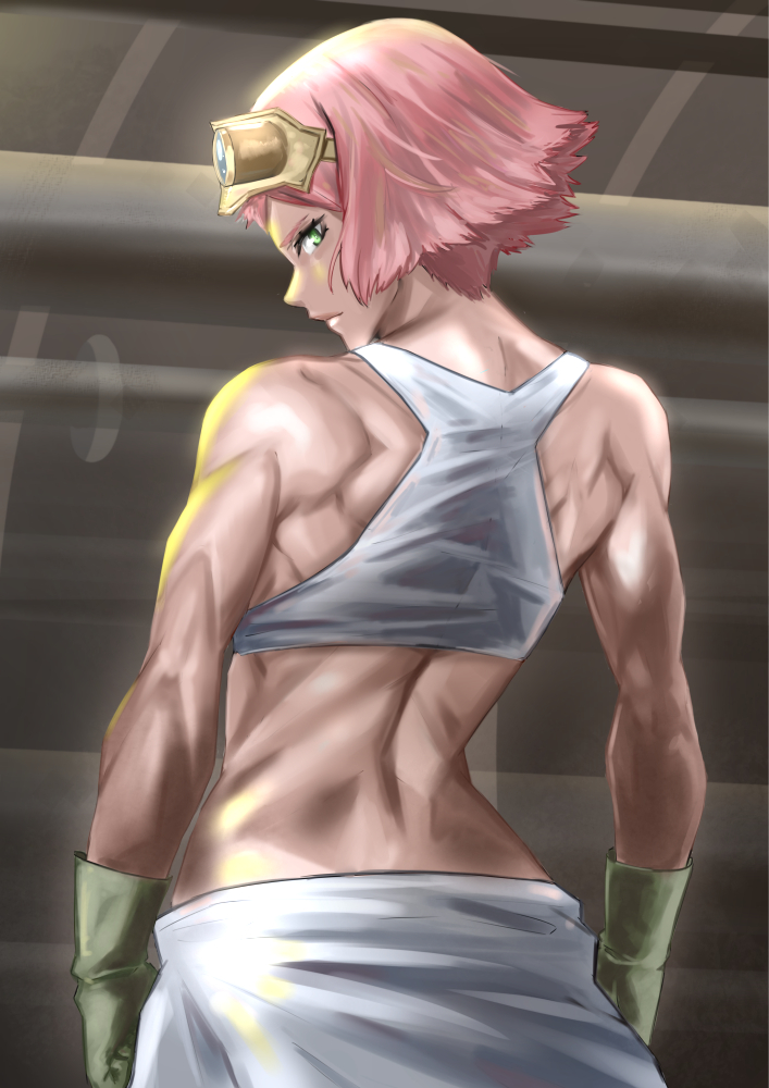 1girl, back, bare_shoulders, gloves, goggles, goggles_on_head, green_eyes, green_gloves