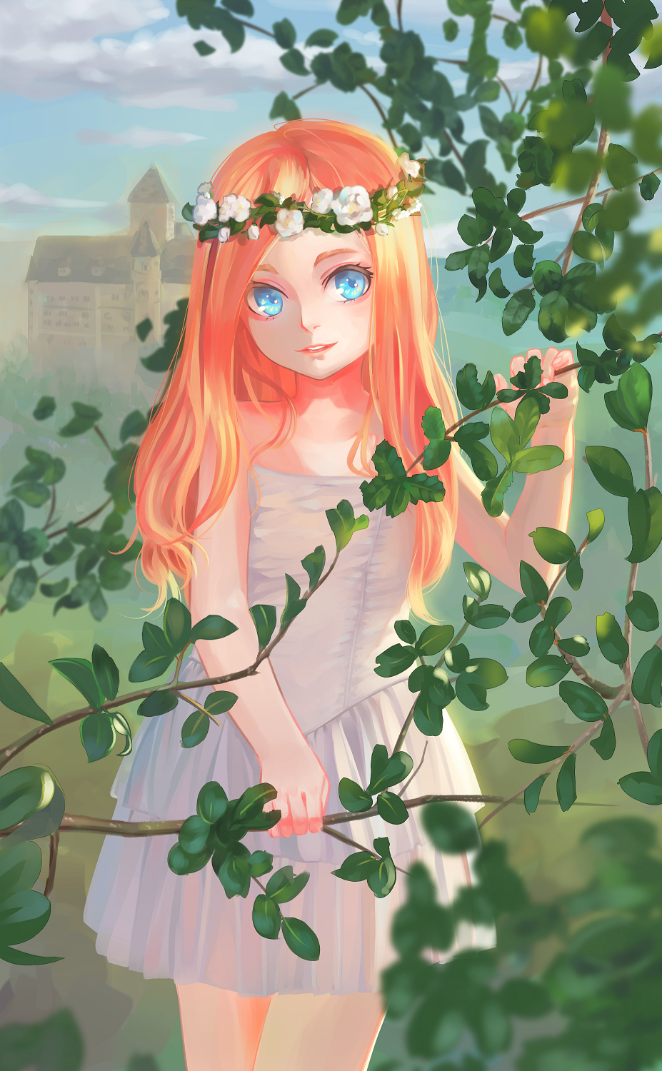 1girl, bare_shoulders, blue_eyes, blurry, building, castle, child, clouds