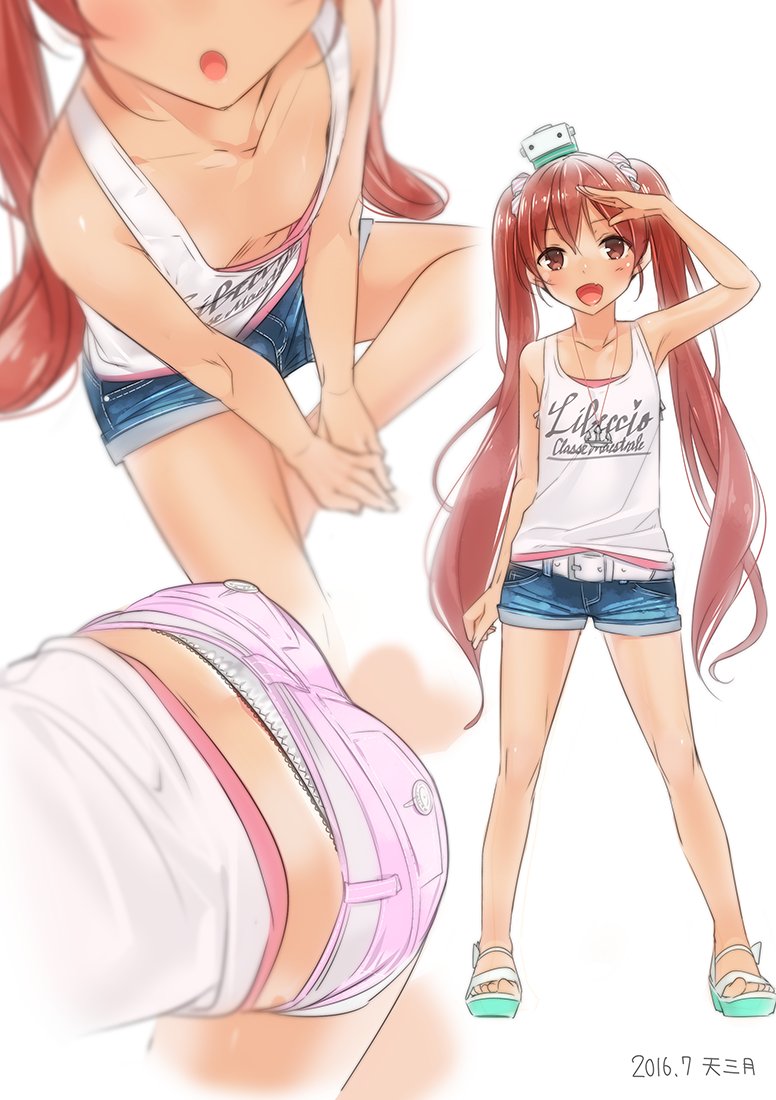 1girl, :d, :o, ama_mitsuki, arm_up, artist_name, bare_arms, bare_legs