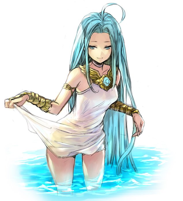 1girl, ahoge, aqua_eyes, aqua_hair, arm_guards, armlet, bare_shoulders, choker, collarbone, dress, dress_lift, granblue_fantasy, hankuri, long_hair, lyria_(granblue_fantasy), nose_shade, simple_background, smile, solo, very_long_hair, wading, water, white_background, white_dress