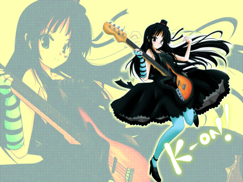 akiyama_mio, bangs, bass_guitar, black_hair, blue_eyes, blue_legwear, blunt_bangs, don, don't_say_"lazy", dress, facepaint, fingerless_gloves, gloves, guitar, hat, instrument, k-on!, long_hair, mini_top_hat, pantyhose, solo, striped, top_hat, zoom_layer