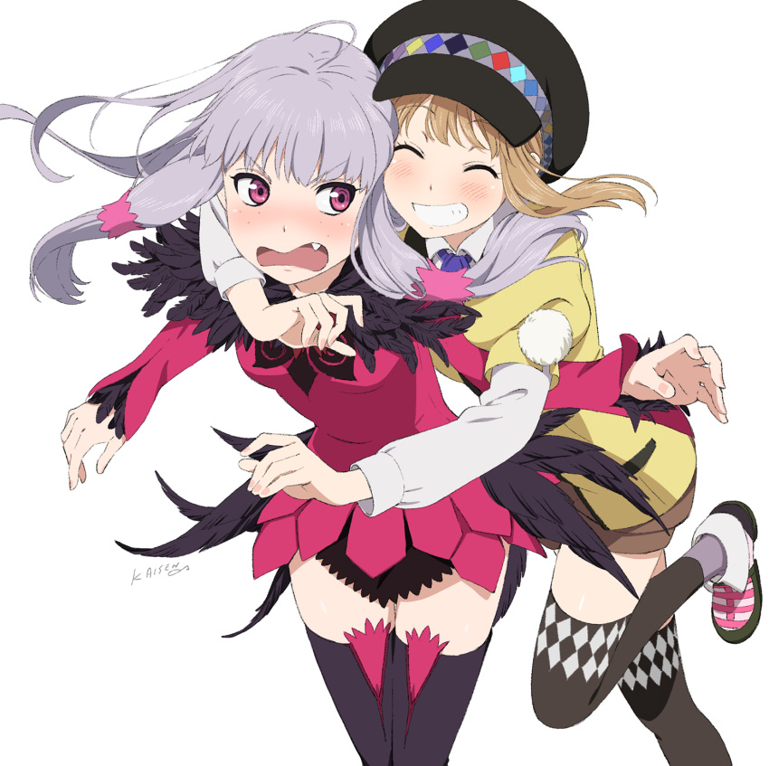 2girls, ^_^, agria_(tales), argyle, argyle_legwear, artist_name, black_legwear, blush, brown_hair, brown_shorts, cabbie_hat, closed_eyes, collared_shirt, dress, fang, feathers, freckles, grin, hair_tubes, hat, highres, hug, hug_from_behind, jacket, kaisen, lavender_hair, leg_up, leia_rolando, long_hair, long_sleeves, multiple_girls, necktie, open_mouth, pink_dress, pink_eyes, purple_necktie, shirt, shoes, shorts, simple_background, smile, tales_of_(series), tales_of_xillia, tales_of_xillia_2, thigh-highs, white_background, white_shirt, wing_collar, yellow_jacket