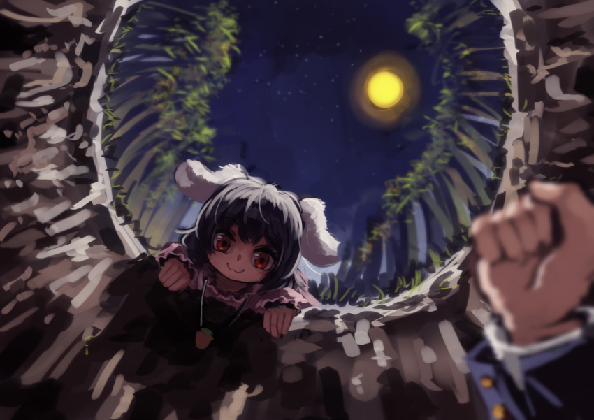 1girl, :3, animal_ears, bamboo, bamboo_forest, berabou, black_hair, blurry