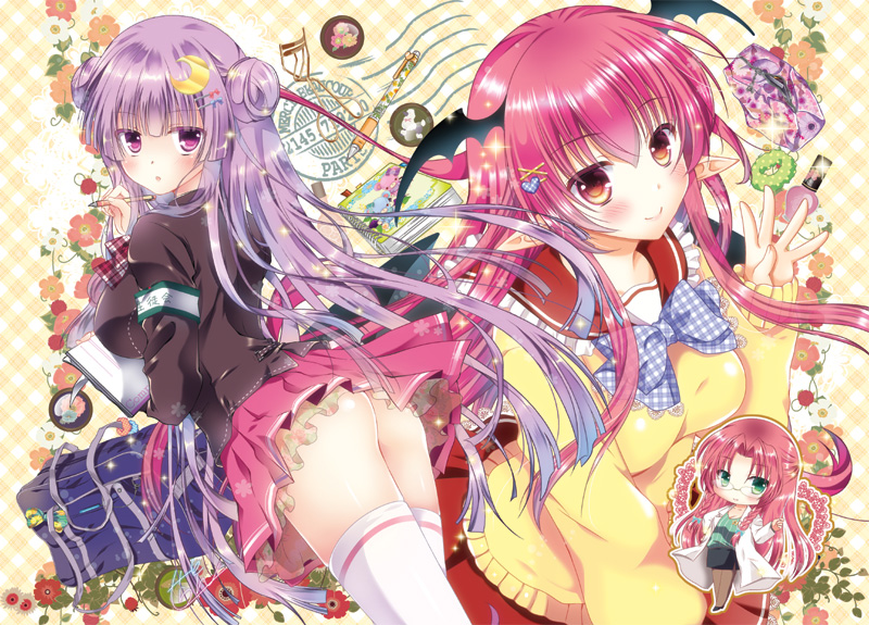 3girls, :o, armband, ass, bag, bat_wings, bespectacled, blush