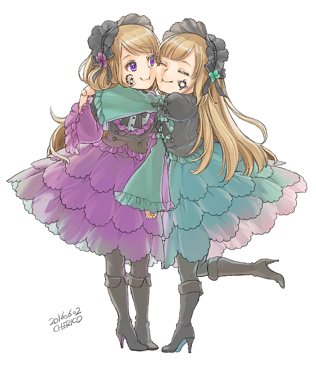 2016, 2girls, :t, artist_name, bangs, black_boots, blonde_hair, boots