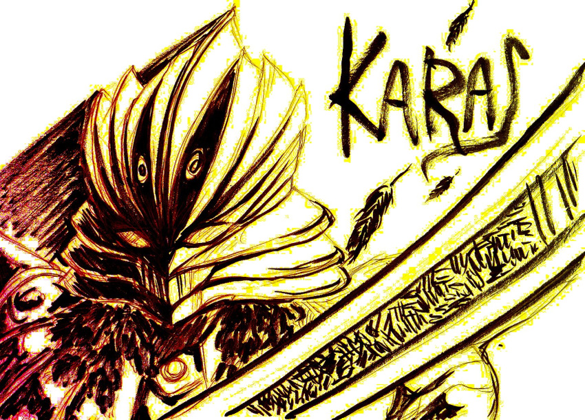 bakufu, fuu_(futian), helmet, ink, ink_(medium), karas, otoha_(karas), sword