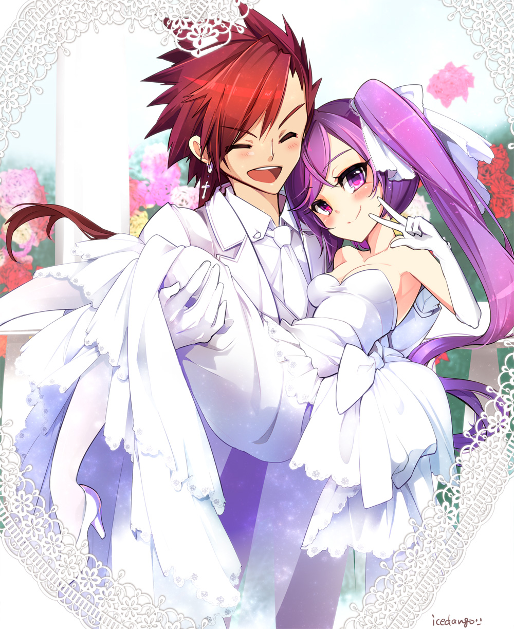 1boy, 1girl, ^_^, aisha_(elsword), artist_name, bangs, bare_shoulders, blurry