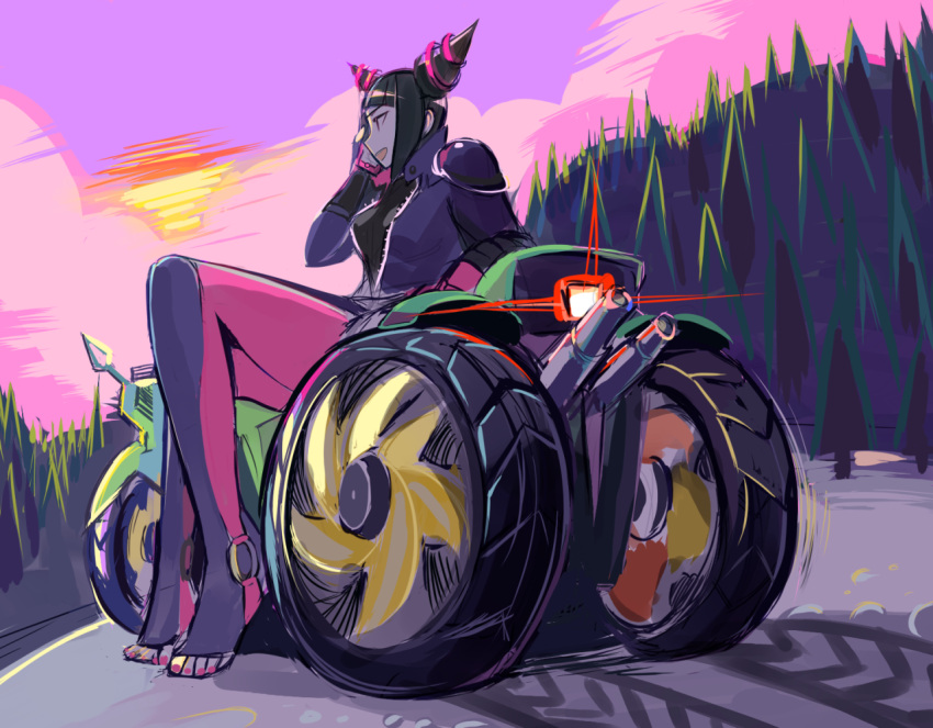 1girl, barefoot, cellphone, ground_vehicle, han_juri, motor_vehicle, motorcycle, phone, sitting, solo, stalkeralker, street_fighter, street_fighter_v, sunset, toeless_legwear, tree