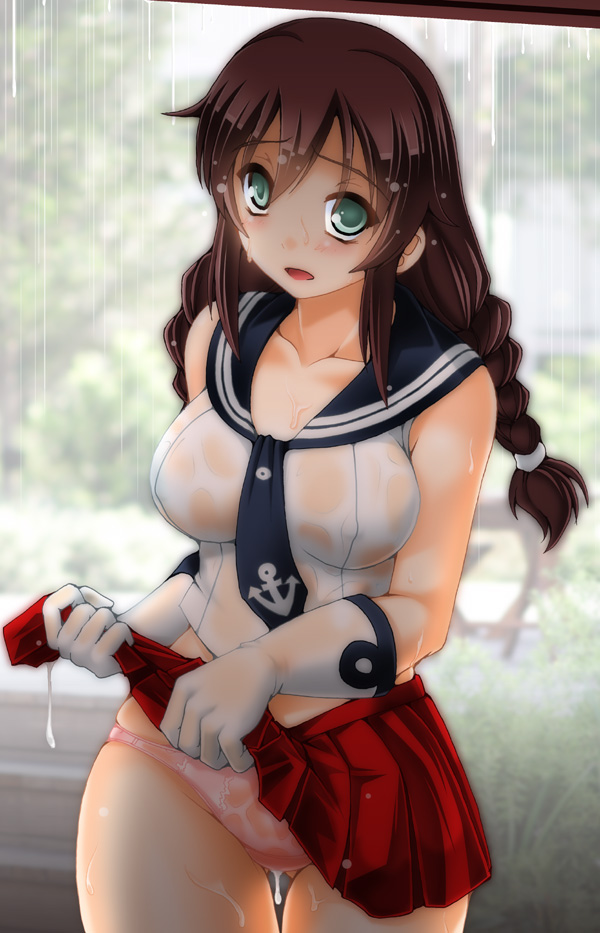 1girl, anchor_symbol, ass_visible_through_thighs, braid, breasts, brown_hair, collarbone, commentary_request